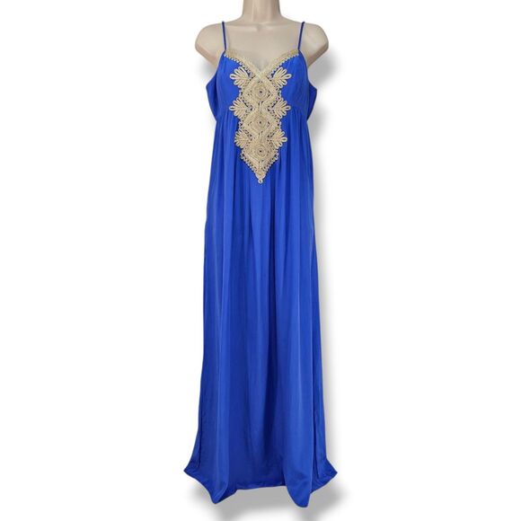 Lilly Pulitzer Kelsea Blue Silk Gold Embroidery Goddess Maxi Dress Size 8 - Picture 1 of 7